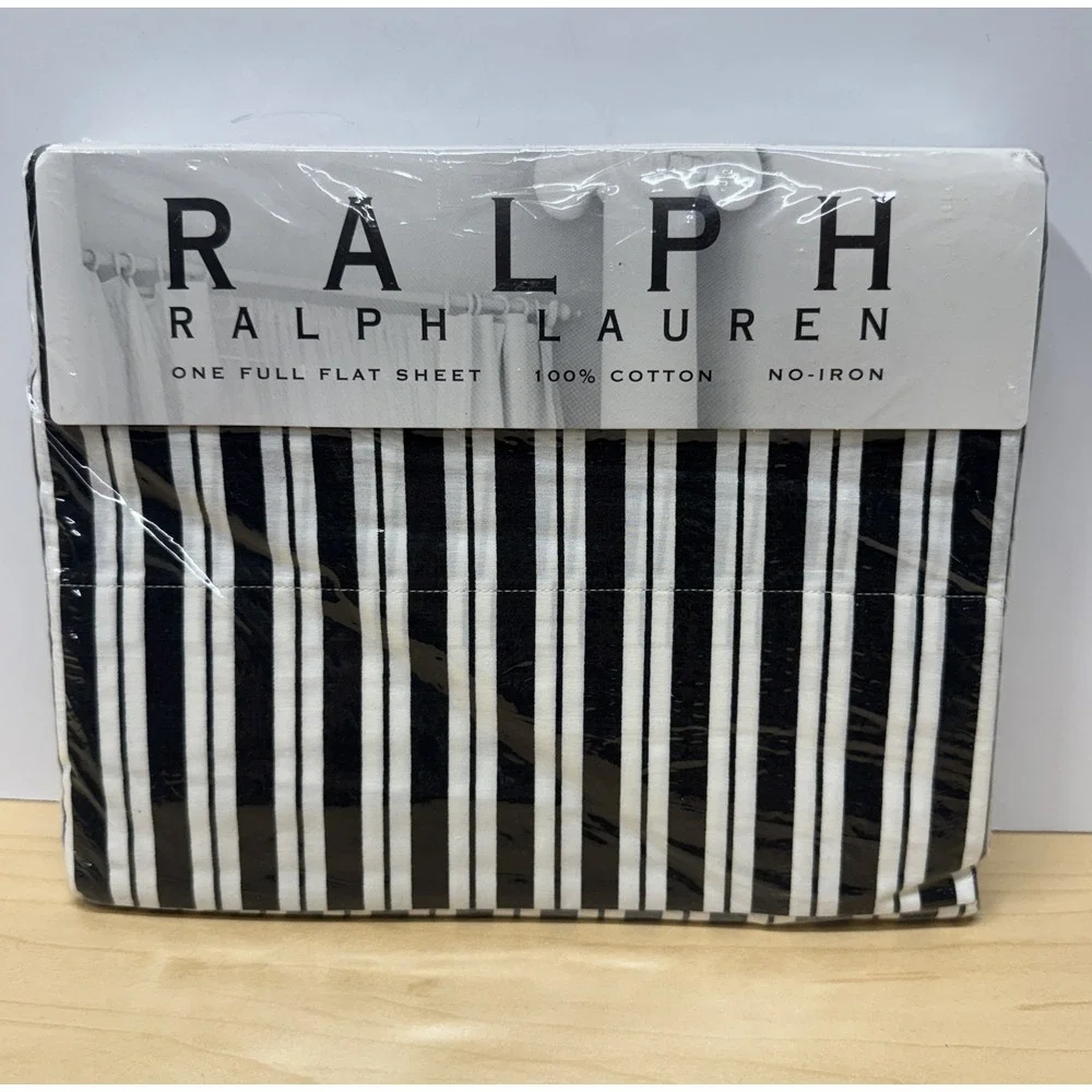 Vintage Ralph Lauren Home Collection Full Flat Sheet Black & White Stripes NEW